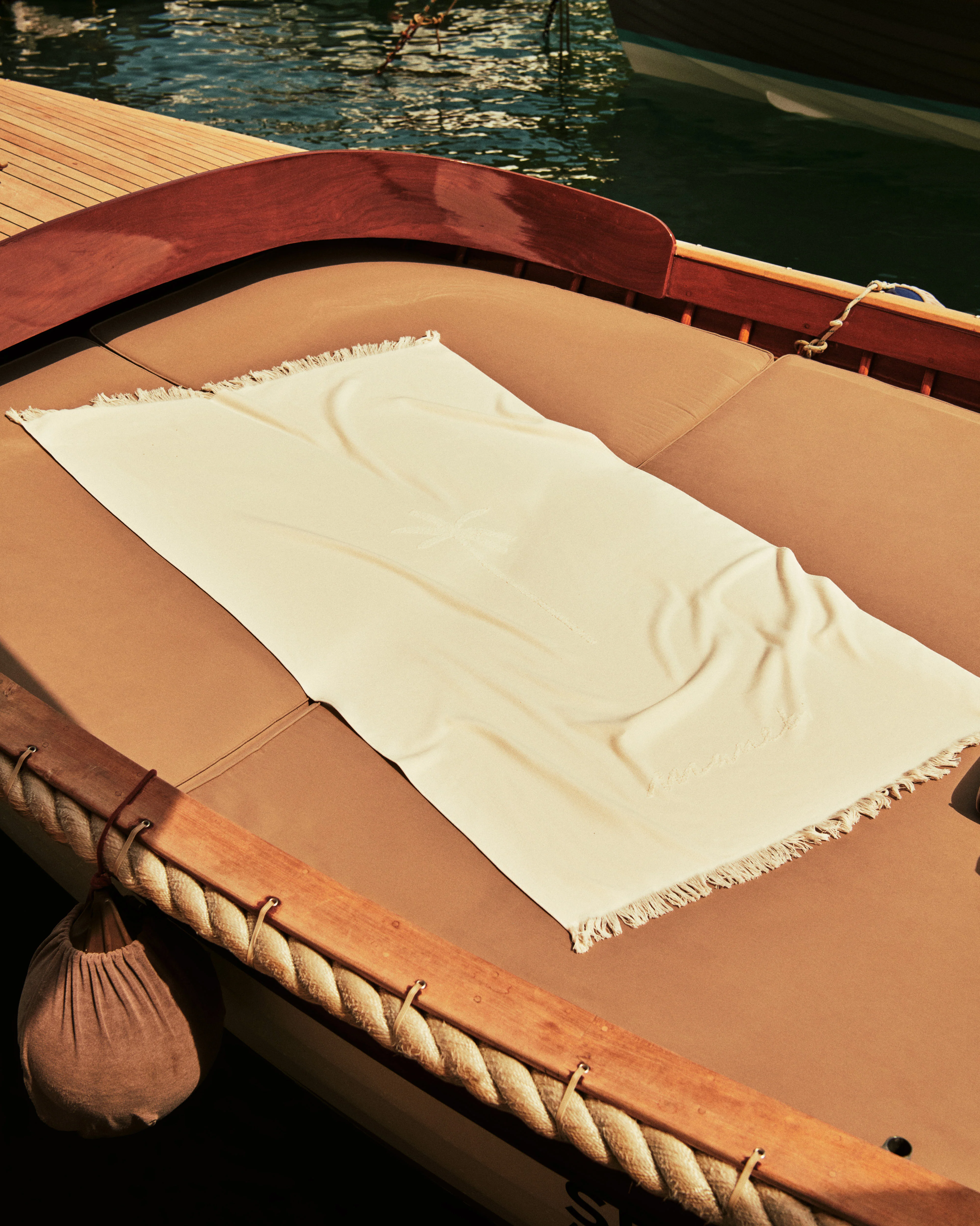Cotton Jaquard Beach Towel - K12TW - Embroidered Palm & Handwritten Logo Ivory