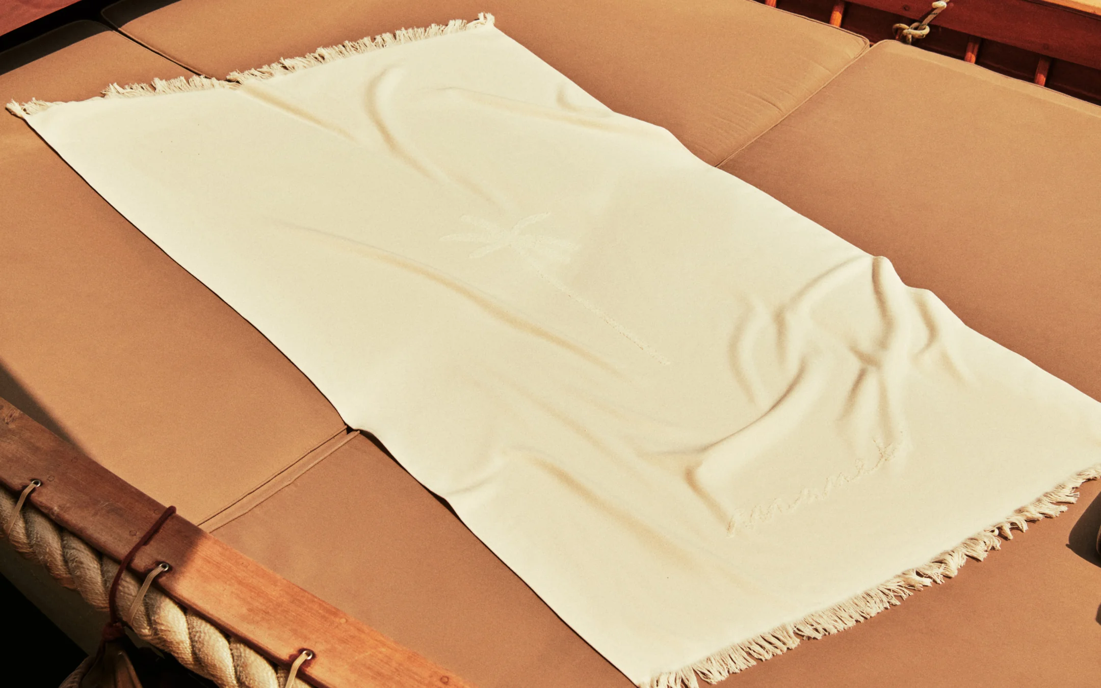 Cotton Jaquard Beach Towel - K12TW - Embroidered Palm & Handwritten Logo Ivory - Image 5