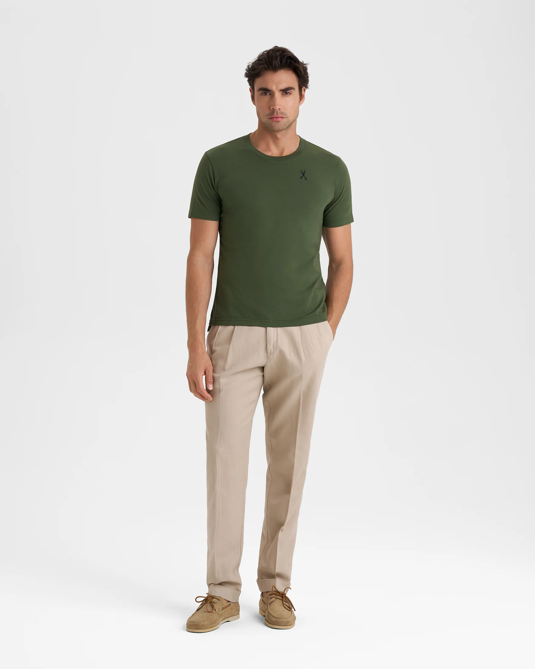 Cotton With Embroidery Sartoriale T-Shirt - G88JI - Olive Green and Blue Scissors Embroidery - Image 3