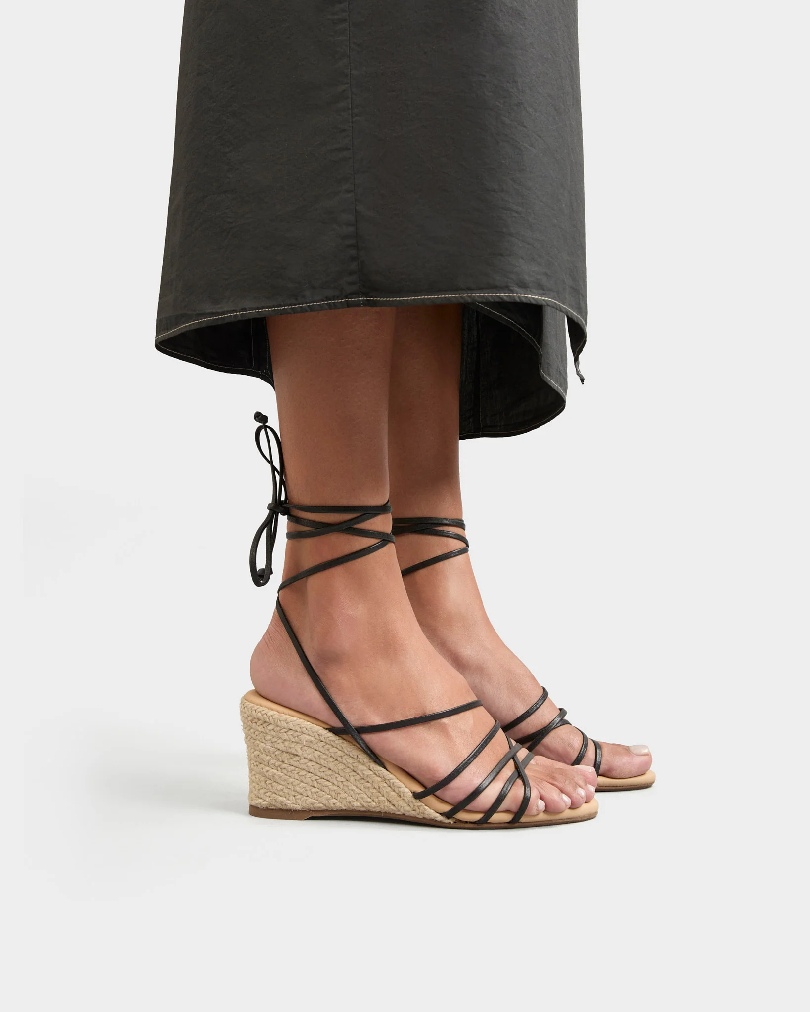 Leather Lace-Up Low Wedge Espadrilles - X08KX - Canyon - Black - Image 2