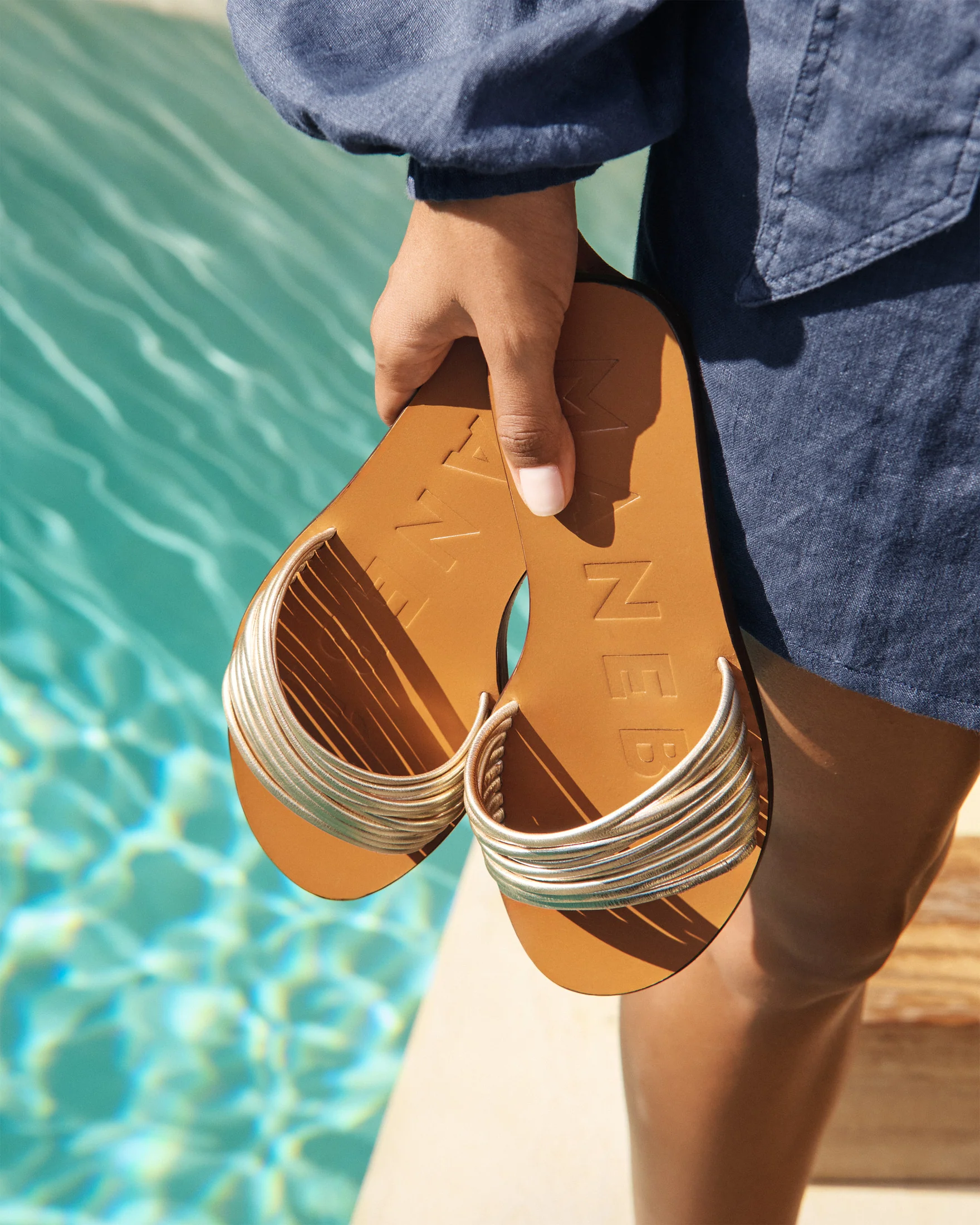Leather Multi Stripes Band Sandals - Q90Y0 - Canyon Platinum - Image 6