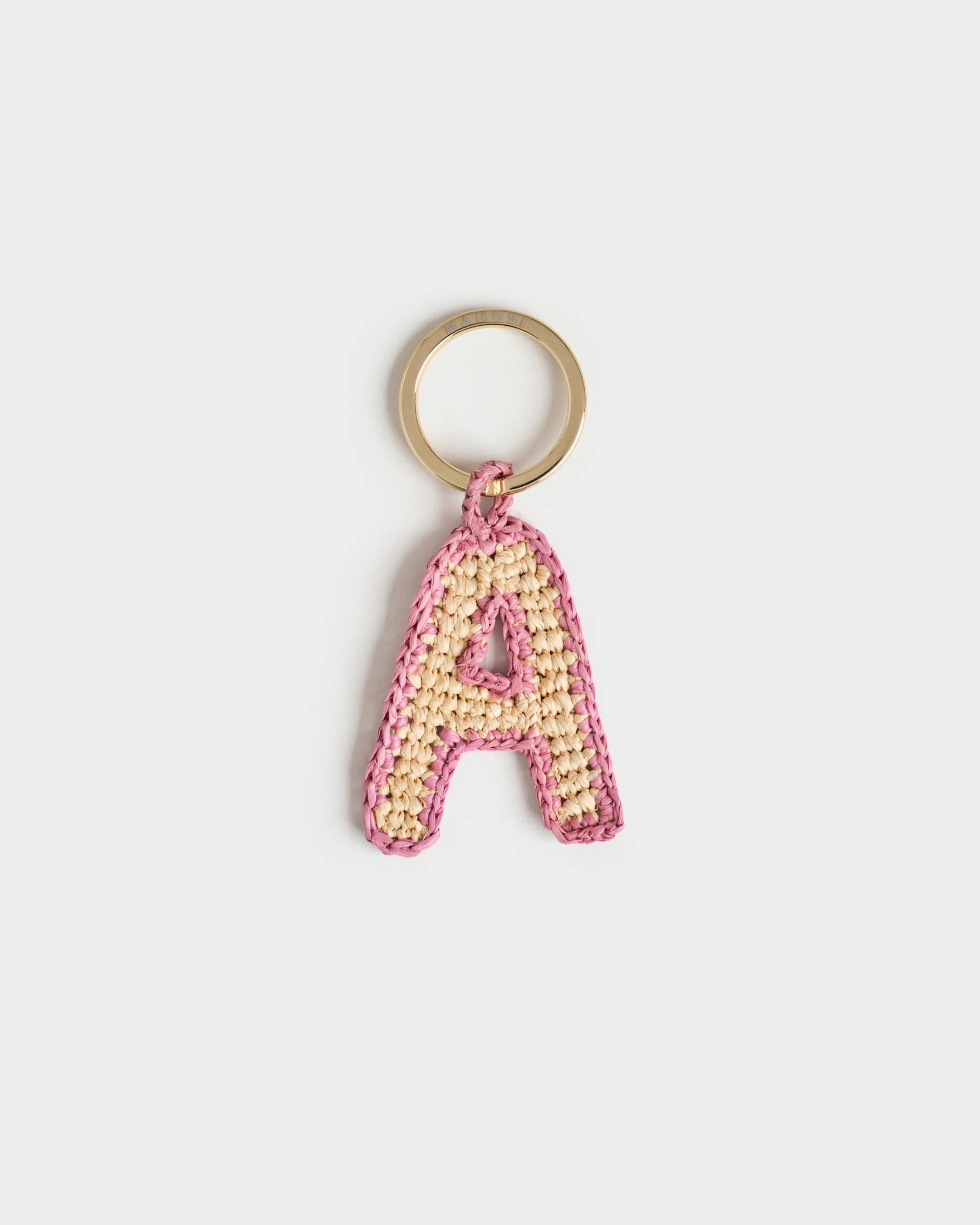 Natural Raffia Letter A Charm Keyring - V88XU - Letter Natural And Rose
