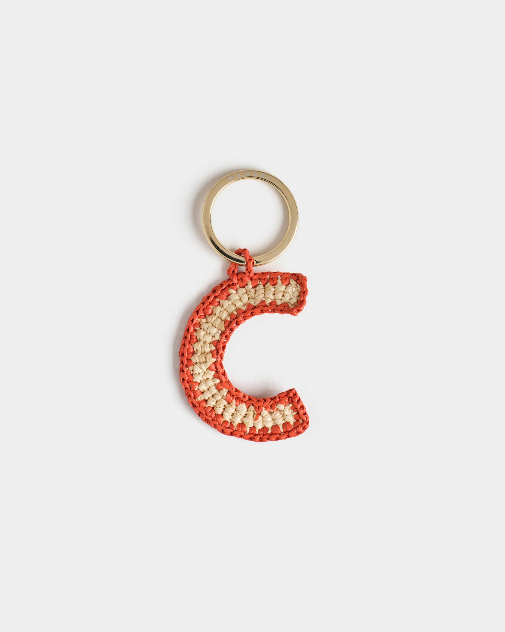 Natural Raffia Letter C Charm Keyring - V88XZ - Letter Natural And Coral