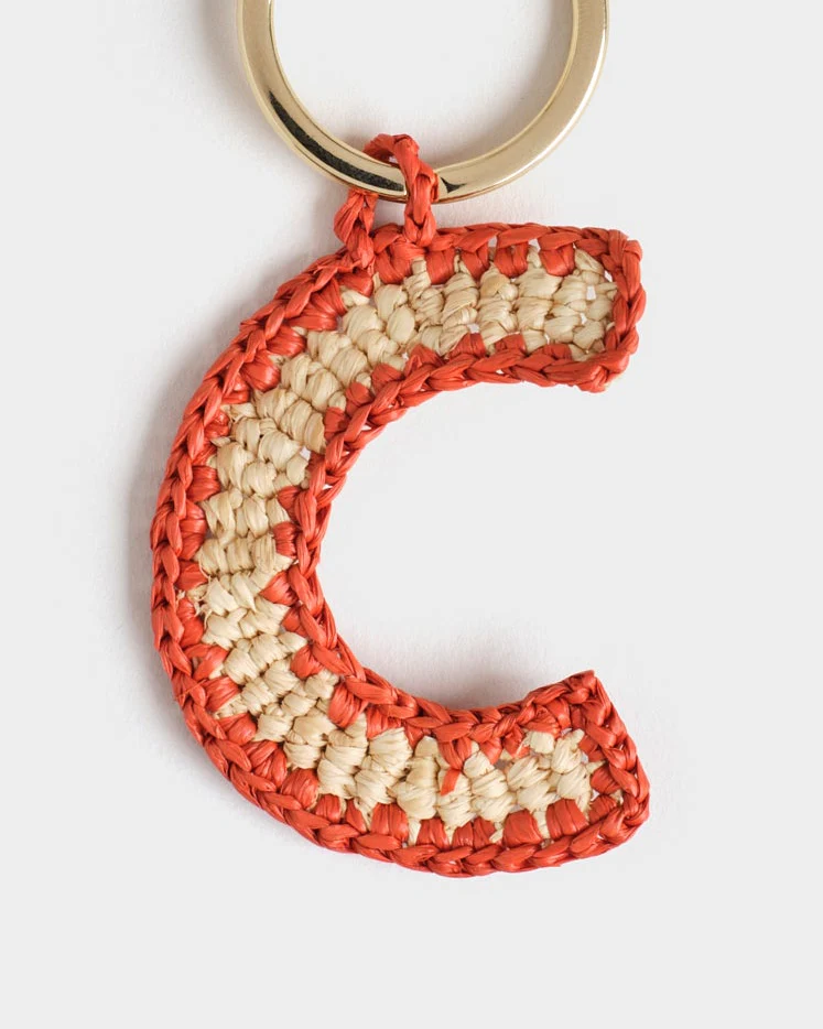 Natural Raffia Letter C Charm Keyring - V88XZ - Letter Natural And Coral - Image 2