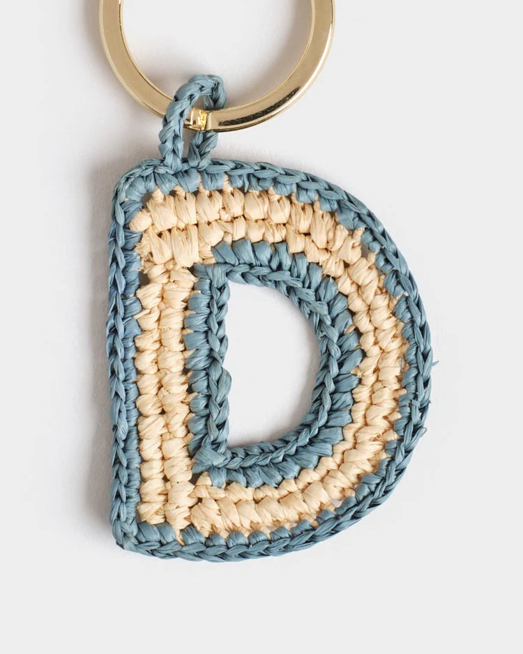 Natural Raffia Letter D Charm Keyring - V88OY - Letter Natural And Indigo - Image 2