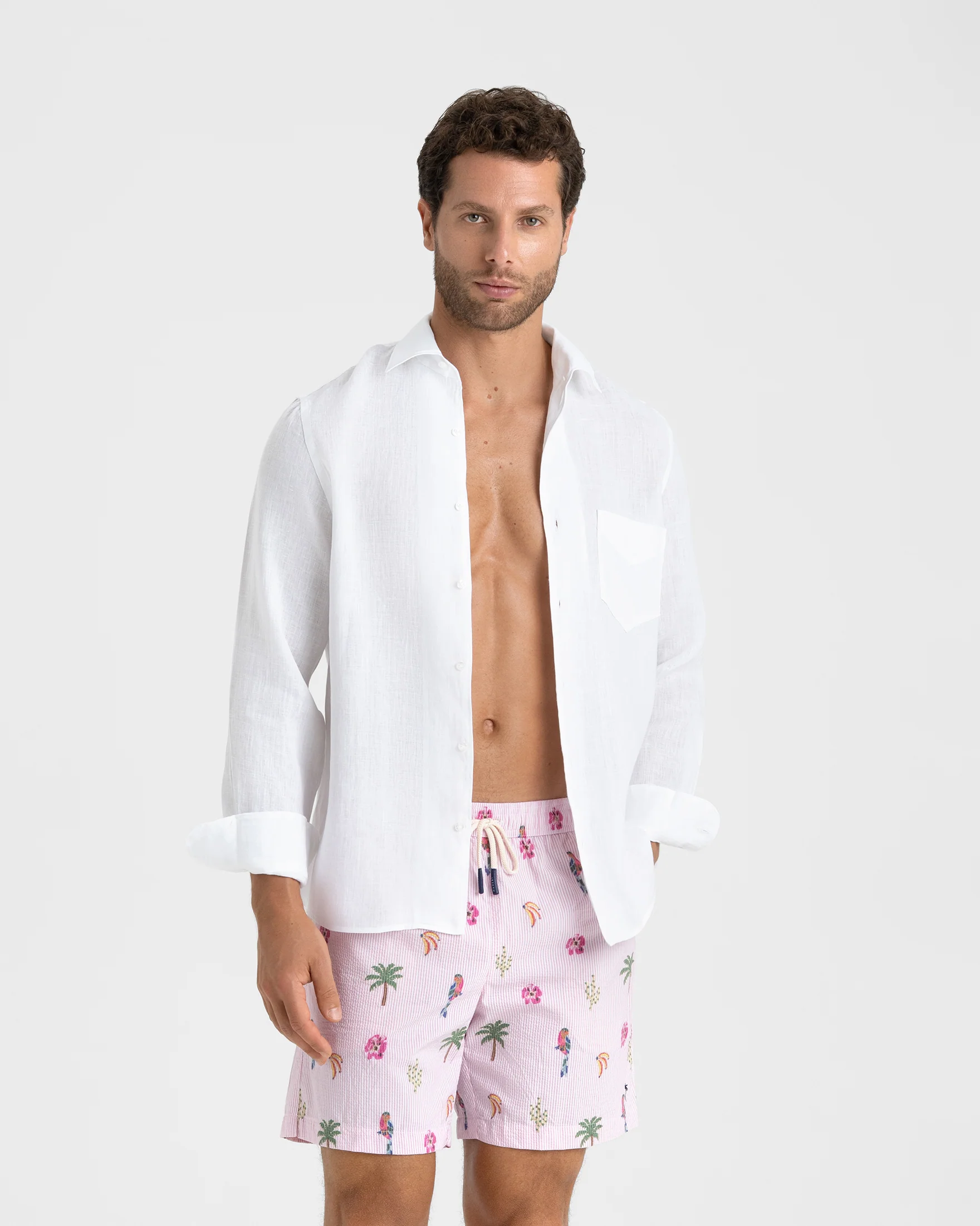 Printed Nylon Swim Shorts - B73PM - Crazy Stickers On Pink Micro Stripes - Image 3