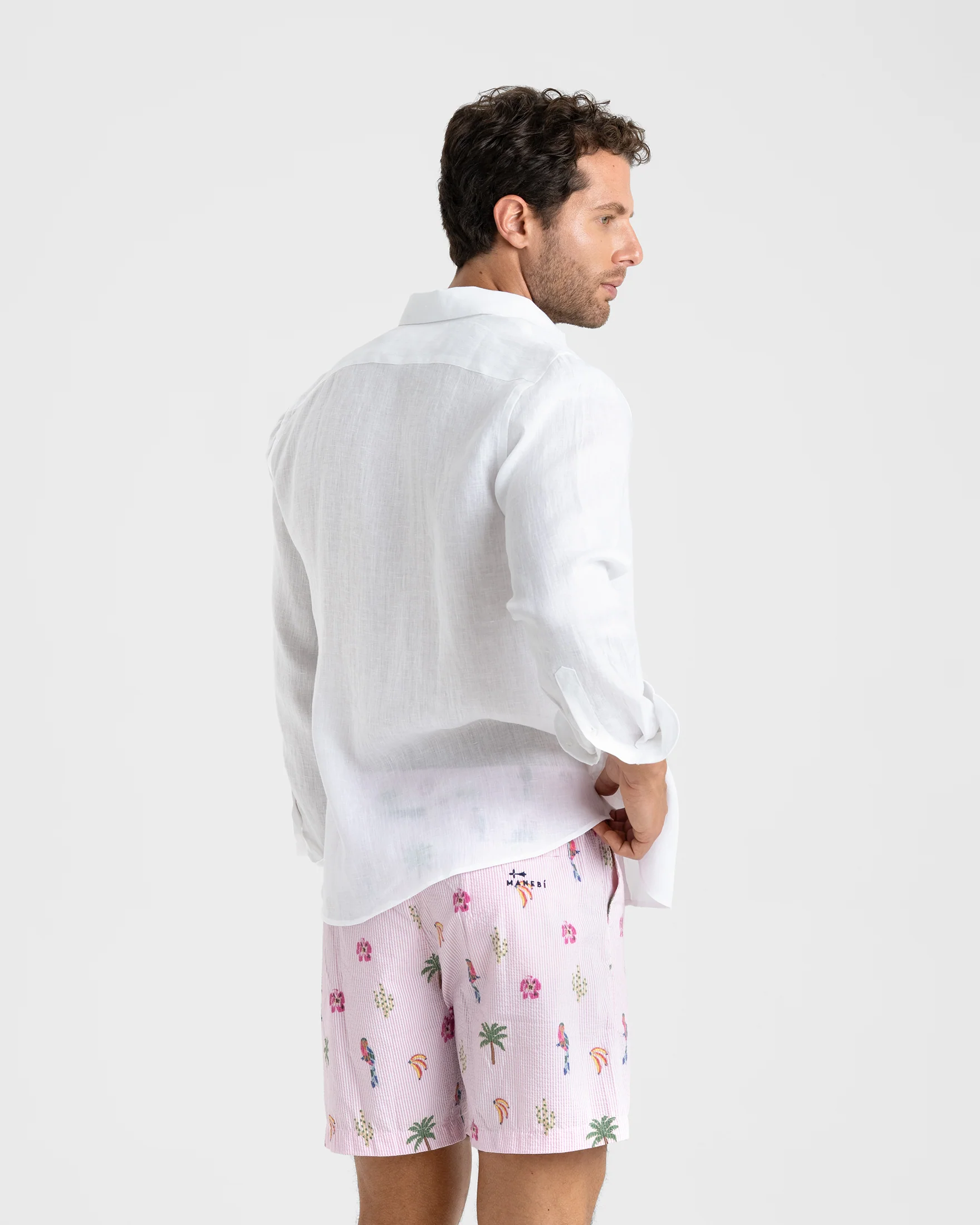 Printed Nylon Swim Shorts - B73PM - Crazy Stickers On Pink Micro Stripes - Image 5