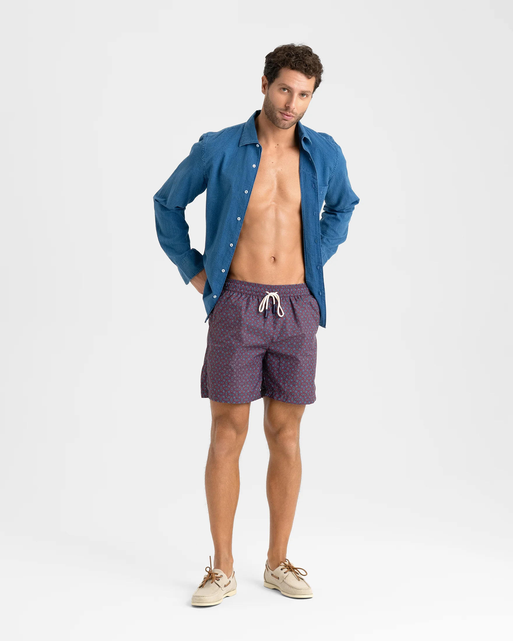 Ciro Printed Recycled Ultra Light Swim Shorts - B79PM - Geometric Elements On Burgundy - Image 4