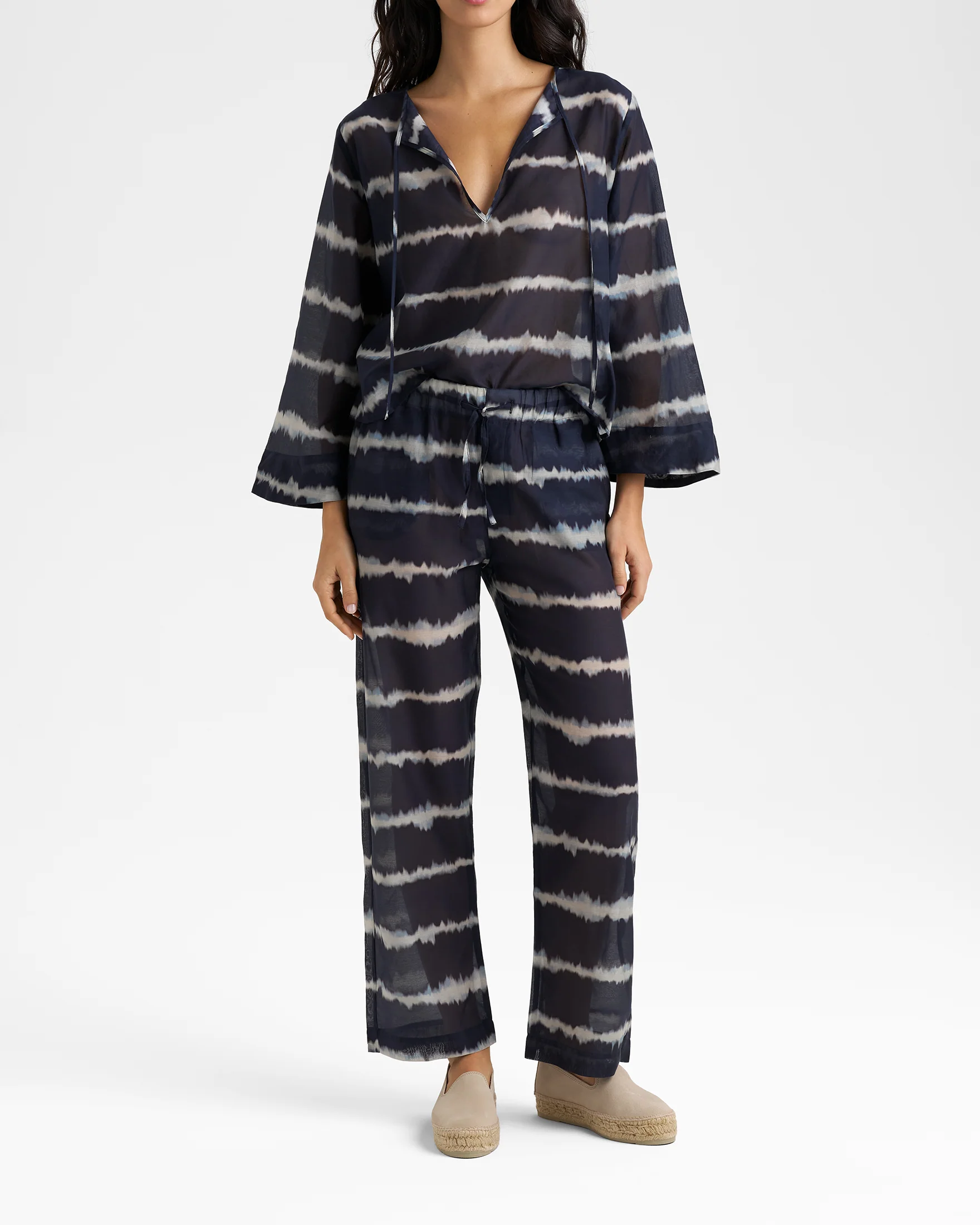 Printed Silk Cotton Voile Belem Trousers - V94BM - Midnight Shibori
