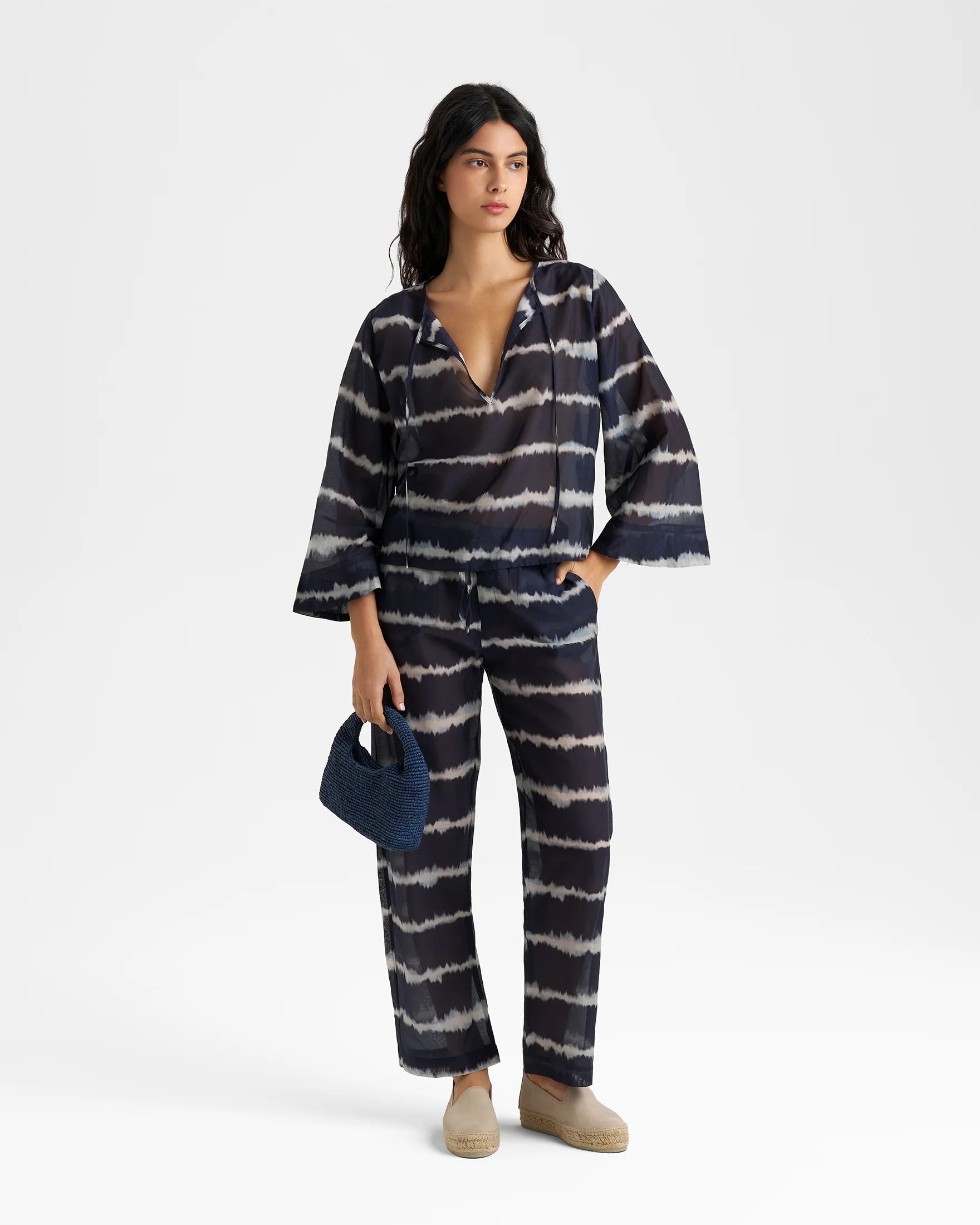 Printed Silk Cotton Voile Belem Trousers - V94BM - Midnight Shibori - Image 2