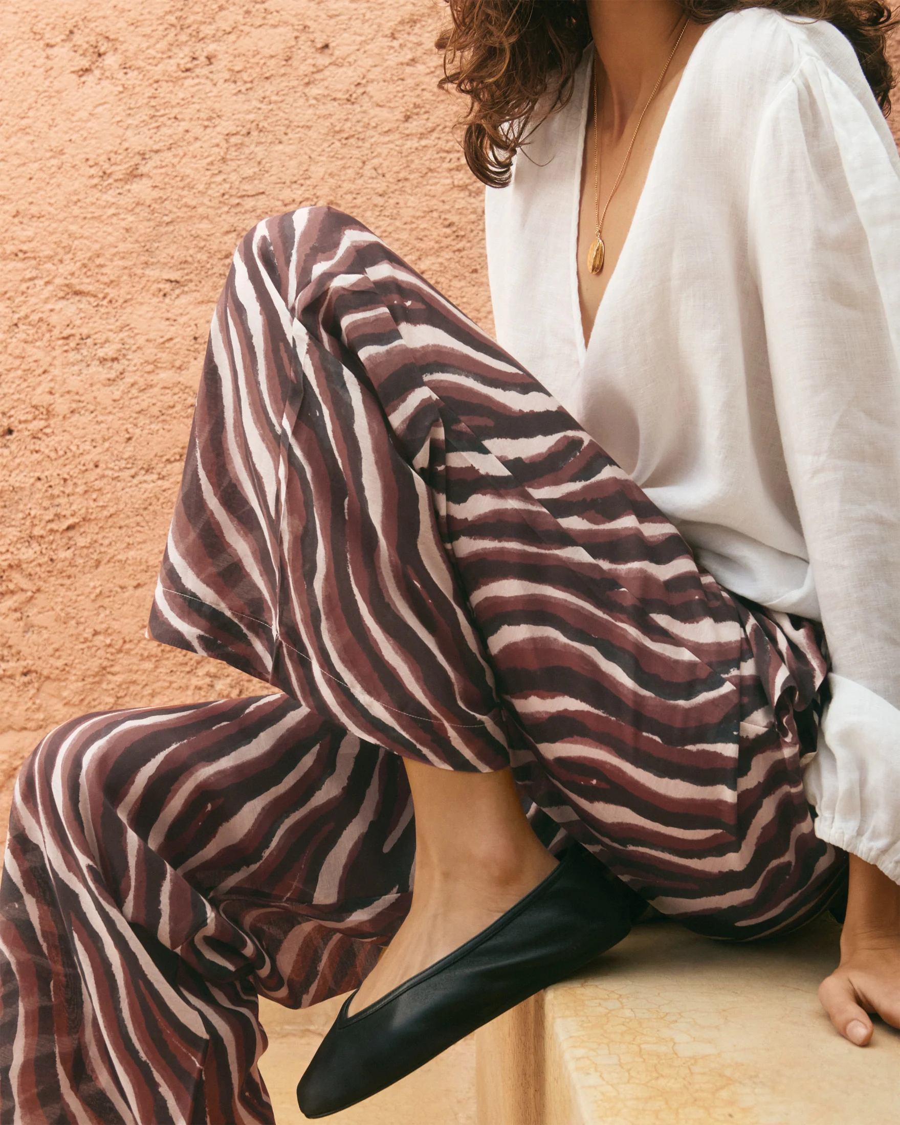 Printed Silk Cotton Voile Marbella Trousers - V74FQ - Terracotta Zebra - Image 3