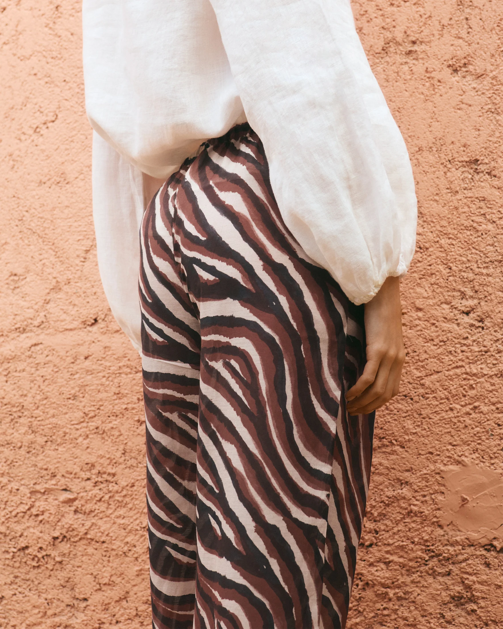 Printed Silk Cotton Voile Marbella Trousers - V74FQ - Terracotta Zebra - Image 4
