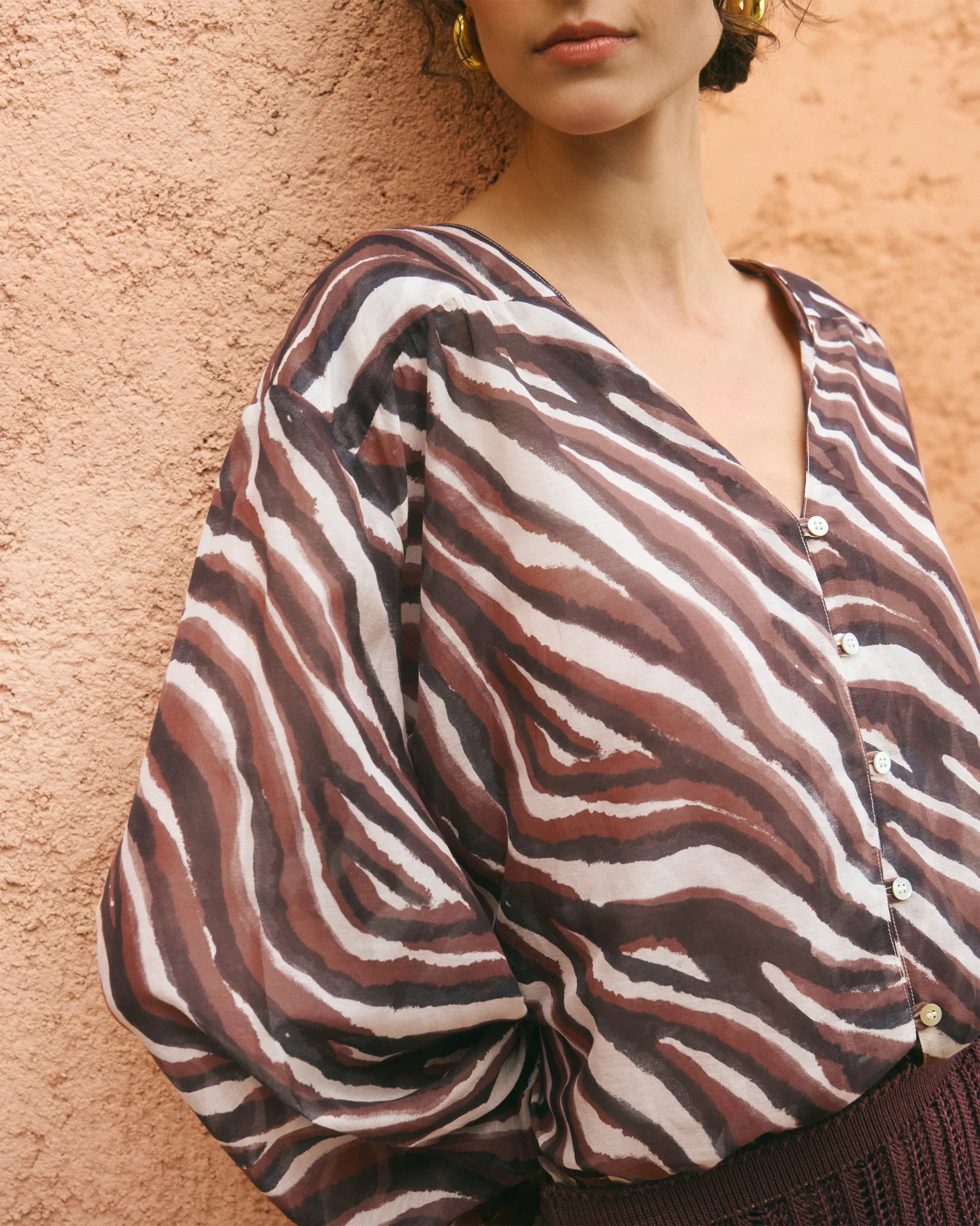 Printed Silk Cotton Voile Monterey Shirt - V74EP - Terracotta Zebra - Image 3