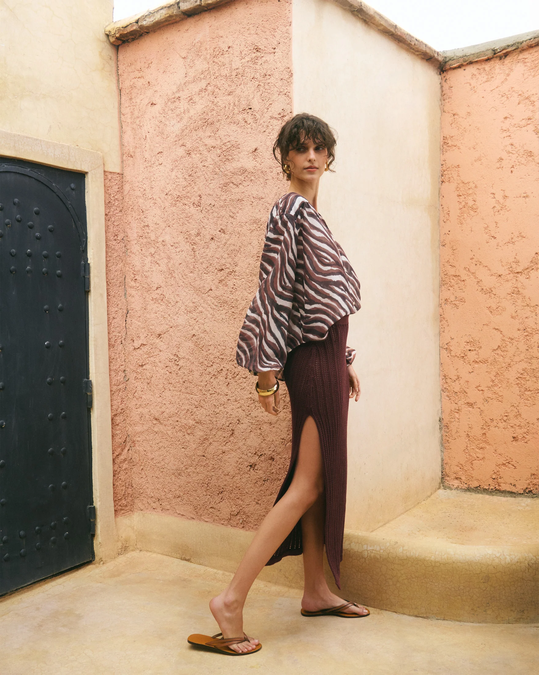 Printed Silk Cotton Voile Monterey Shirt - V74EP - Terracotta Zebra - Image 4