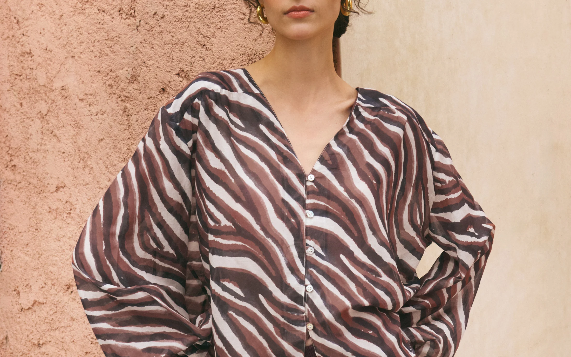 Printed Silk Cotton Voile Monterey Shirt - V74EP - Terracotta Zebra - Image 5