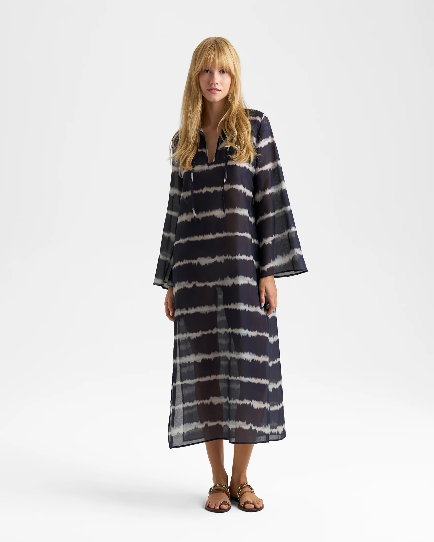 Printed Silk Cotton Voile Oceane Dress - V94AX - Midnight Shibori