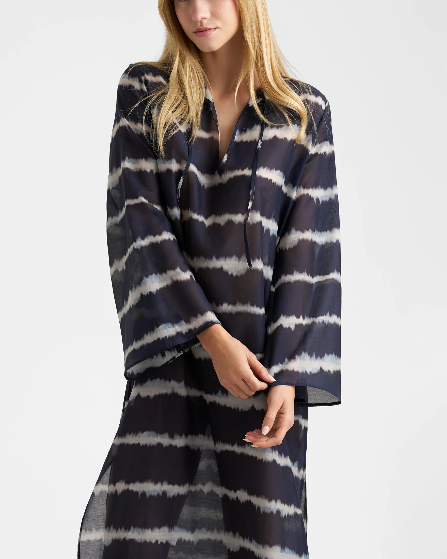 Printed Silk Cotton Voile Oceane Dress - V94AX - Midnight Shibori - Image 2