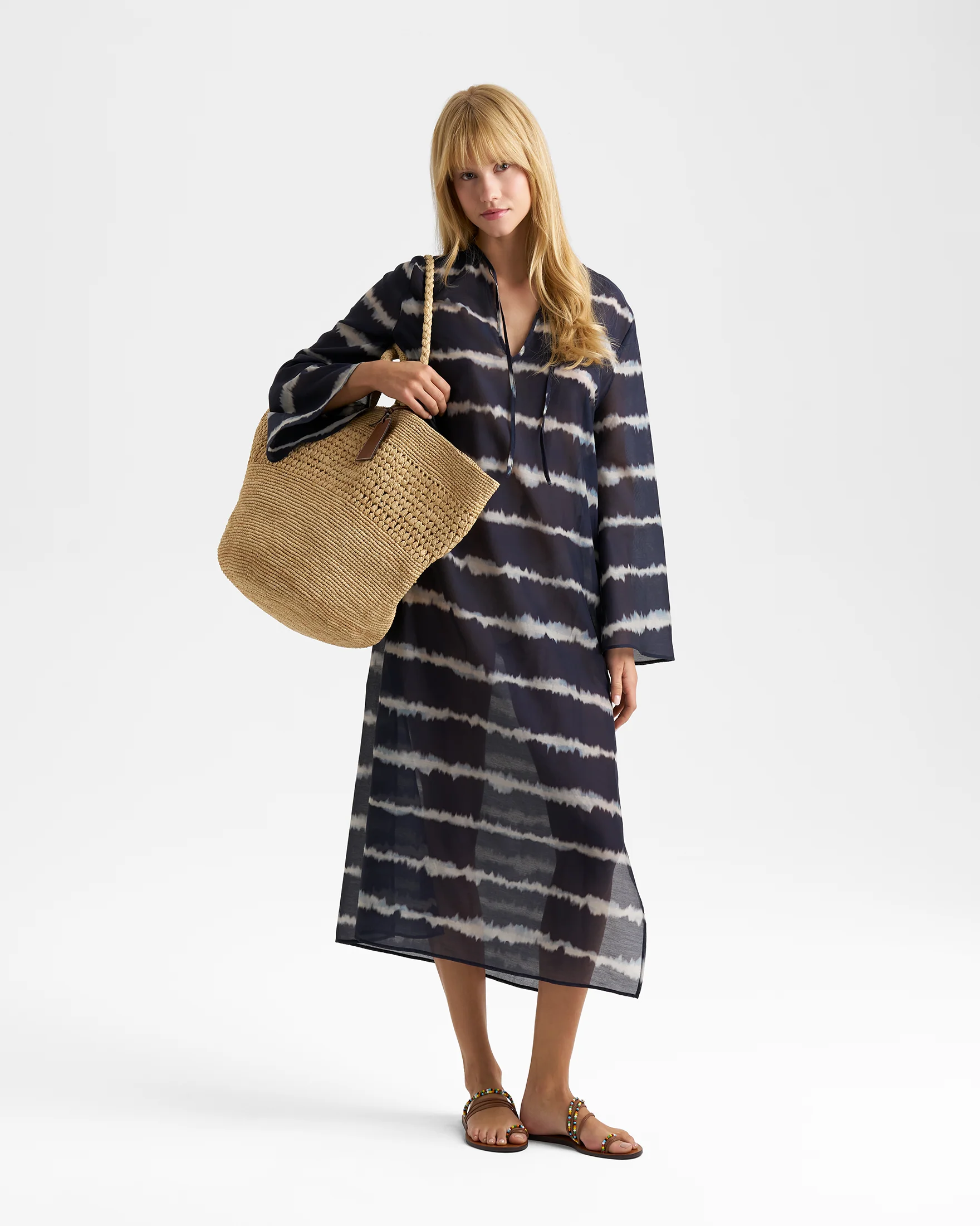 Printed Silk Cotton Voile Oceane Dress - V94AX - Midnight Shibori - Image 3