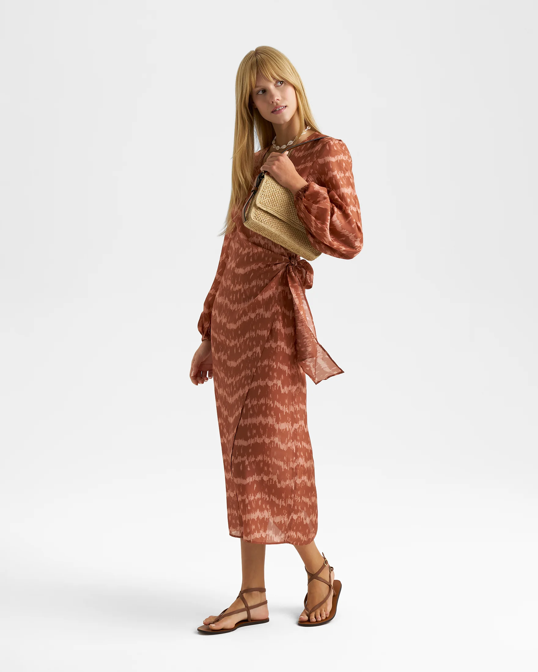 Printed Silk Galapagos Dress - S77GP - Terracotta Tropical Waves - Image 3