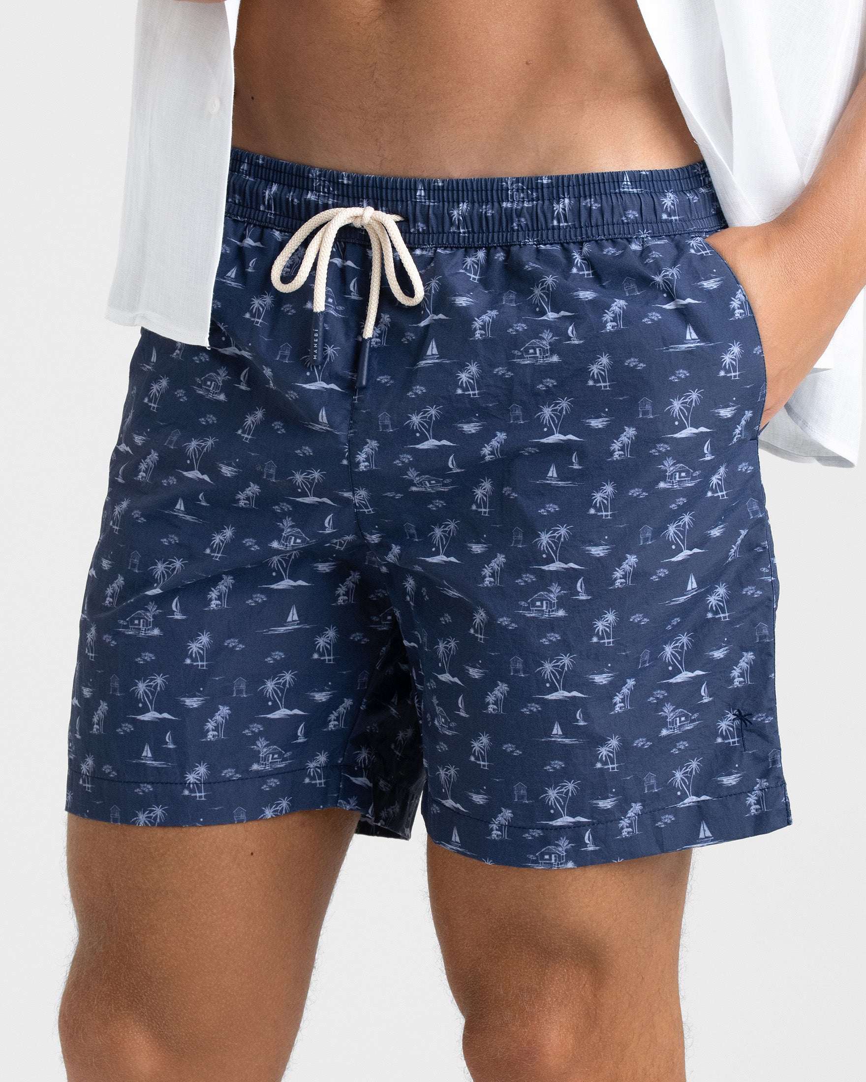 Stone Washed Printed Nylon Swim Shorts - B90PM - Indigo Tropical Toile - Image 2