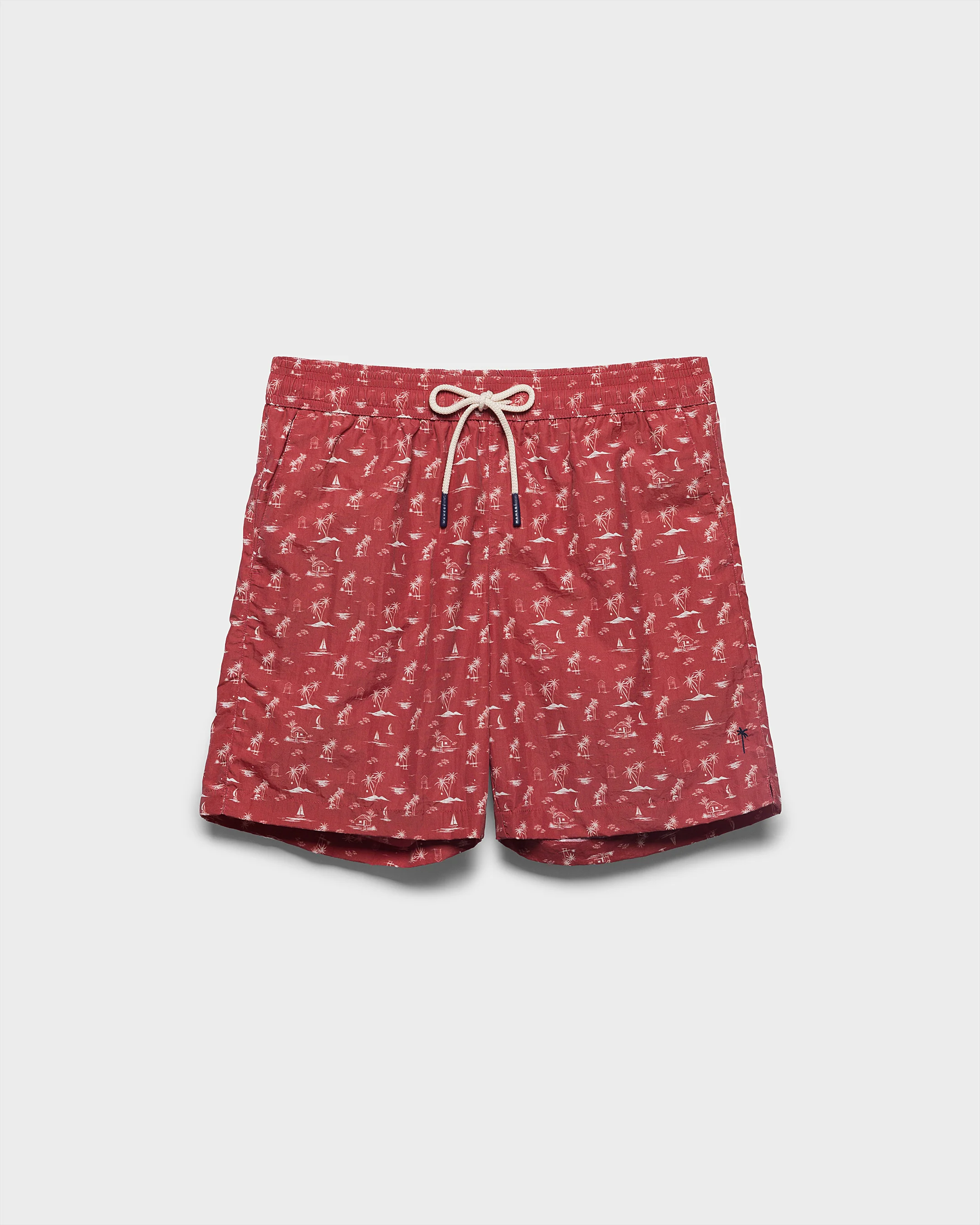 Stone Washed Printed Nylon Swim Shorts - B91PM - Red Tropical Toile