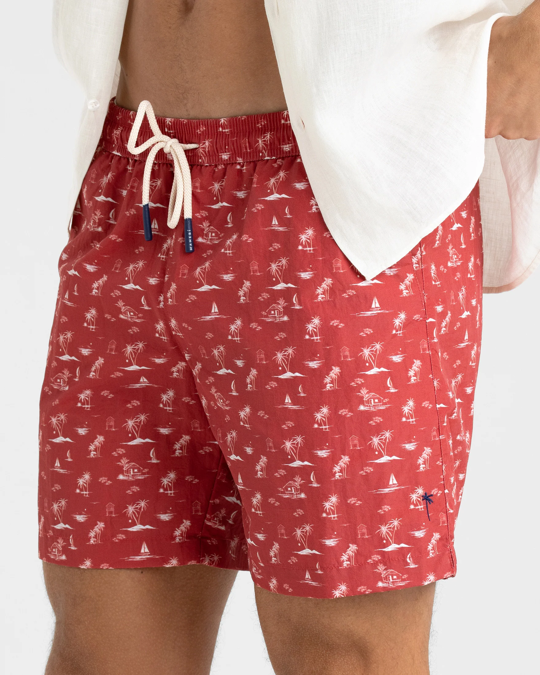 Stone Washed Printed Nylon Swim Shorts - B91PM - Red Tropical Toile - Image 2