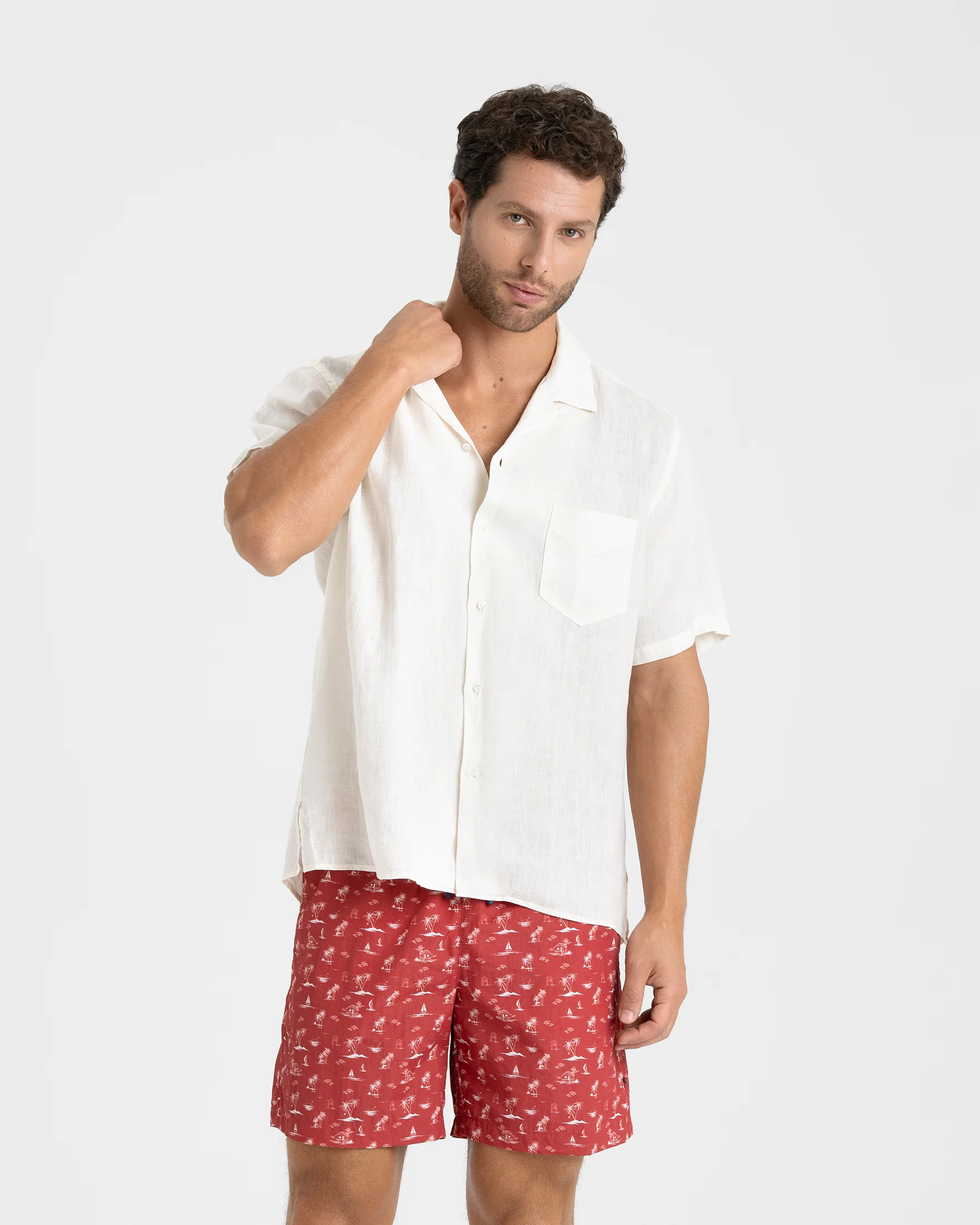 Stone Washed Printed Nylon Swim Shorts - B91PM - Red Tropical Toile - Image 3