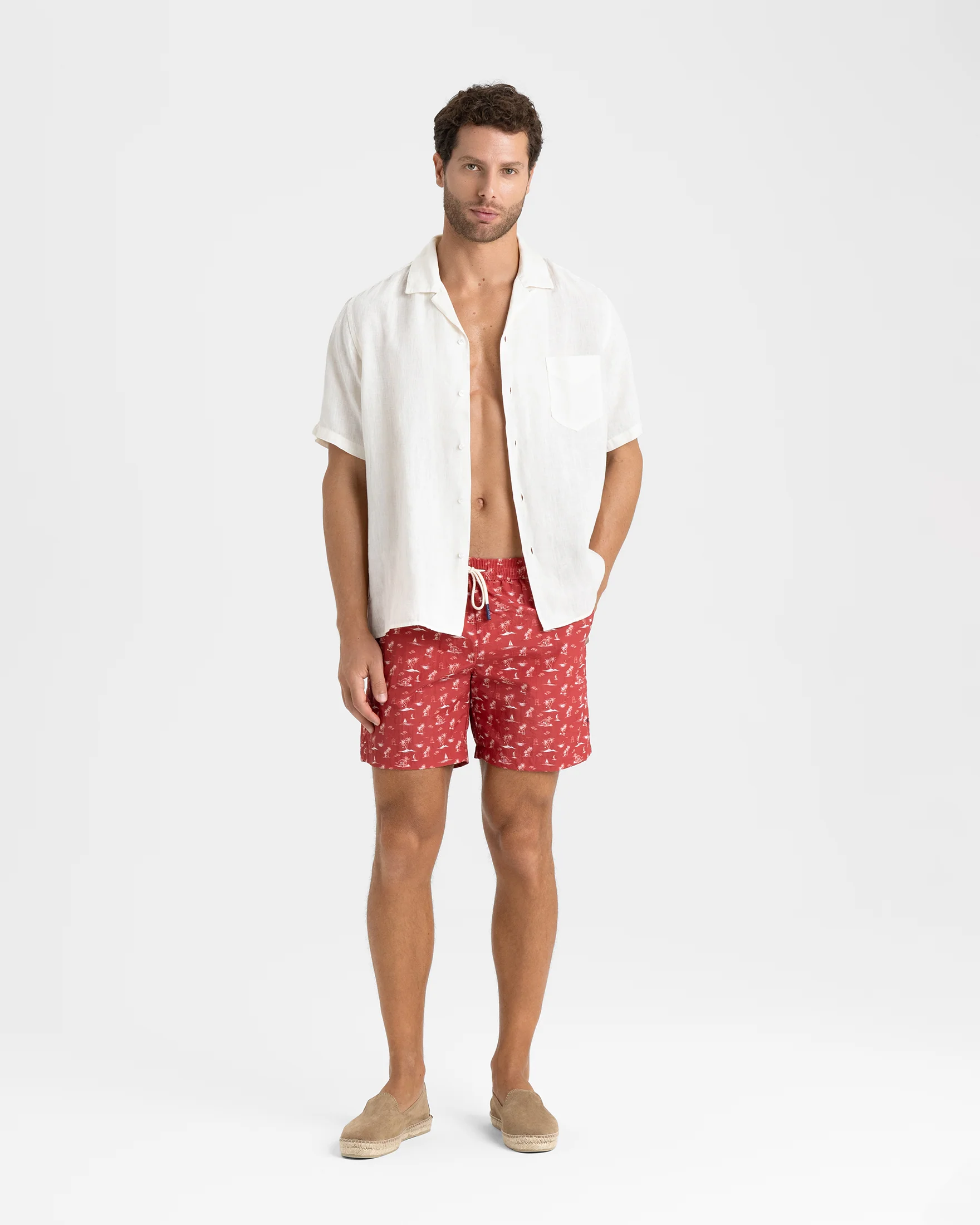 Stone Washed Printed Nylon Swim Shorts - B91PM - Red Tropical Toile - Image 4