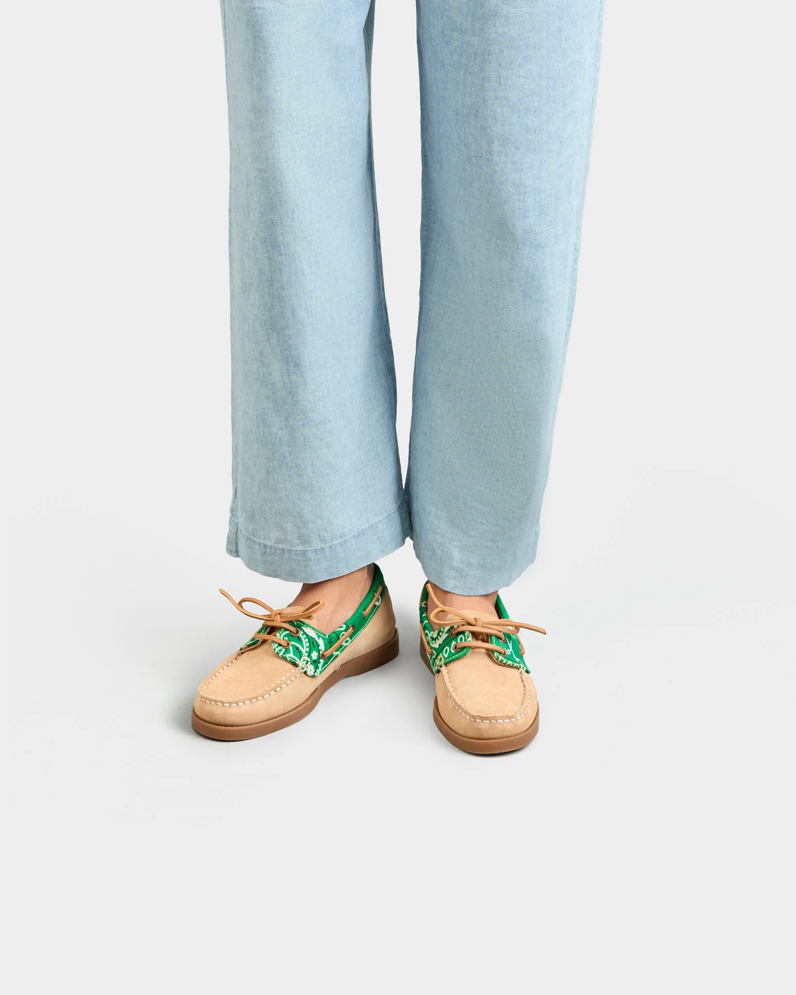 Suede And Cotton Bandana Boat-Shoes - X13KK - Hamptons - Champagne Beige And Emerald Green - Image 2