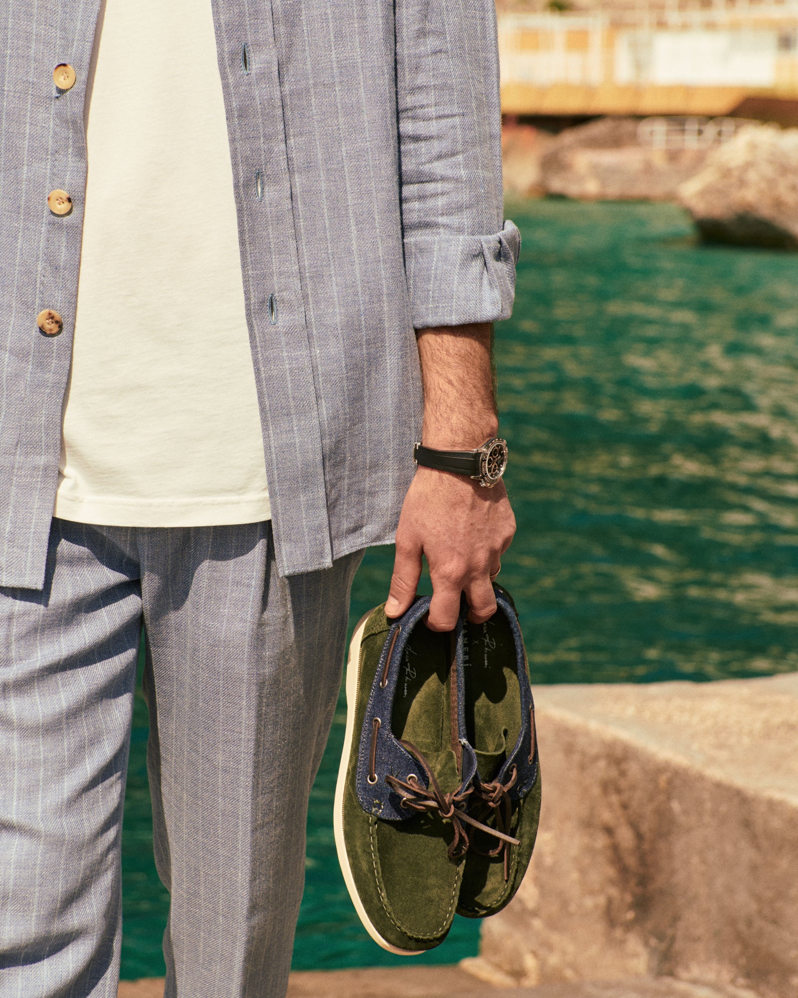 Swan Suede & Denim Boat Shoes - Q83KM - Luca Rubinacci x Manebí Forest Green & Dark Denim - Image 2
