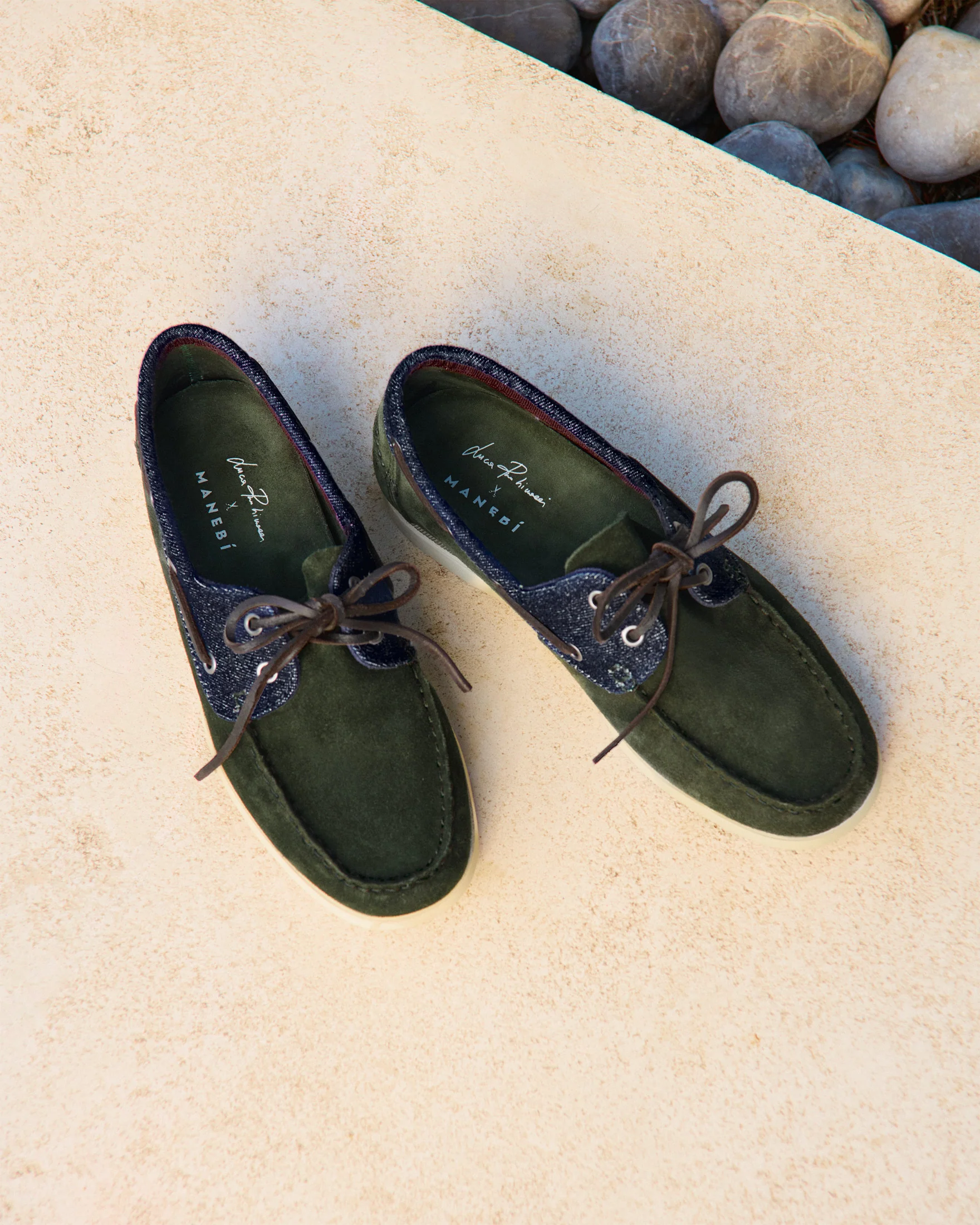 Swan Suede & Denim Boat Shoes - Q83KM - Luca Rubinacci x Manebí Forest Green & Dark Denim - Image 4