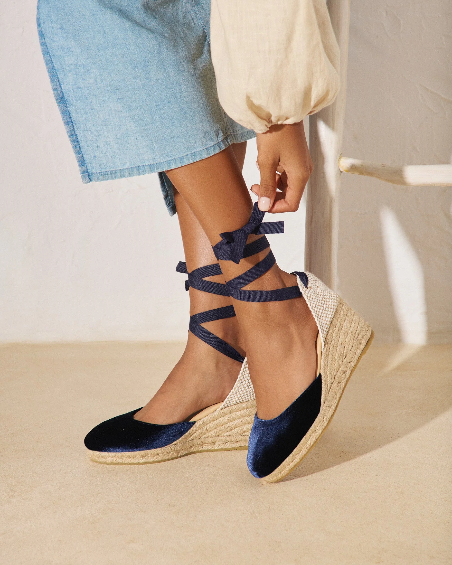 Velvet Low Wedge Espadrilles - Z80WL - Monaco Navy Blue - Image 2