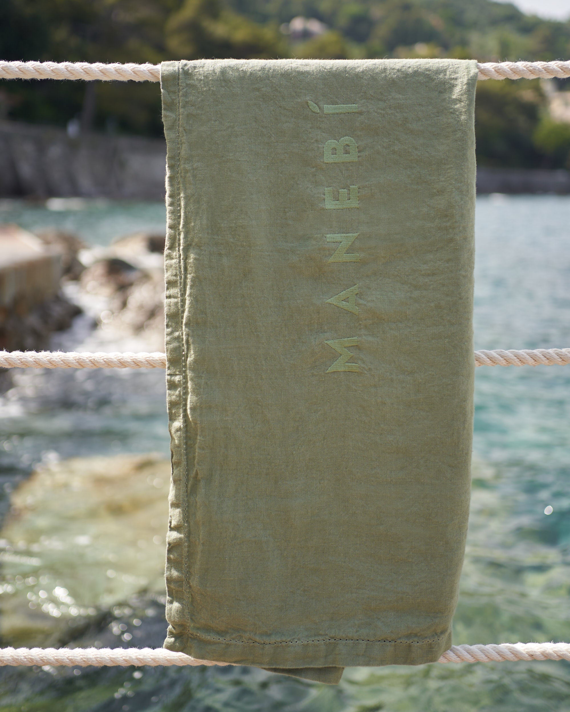 Washed Linen Beach Towel - MNM37 - Embroidered Logo Sage
