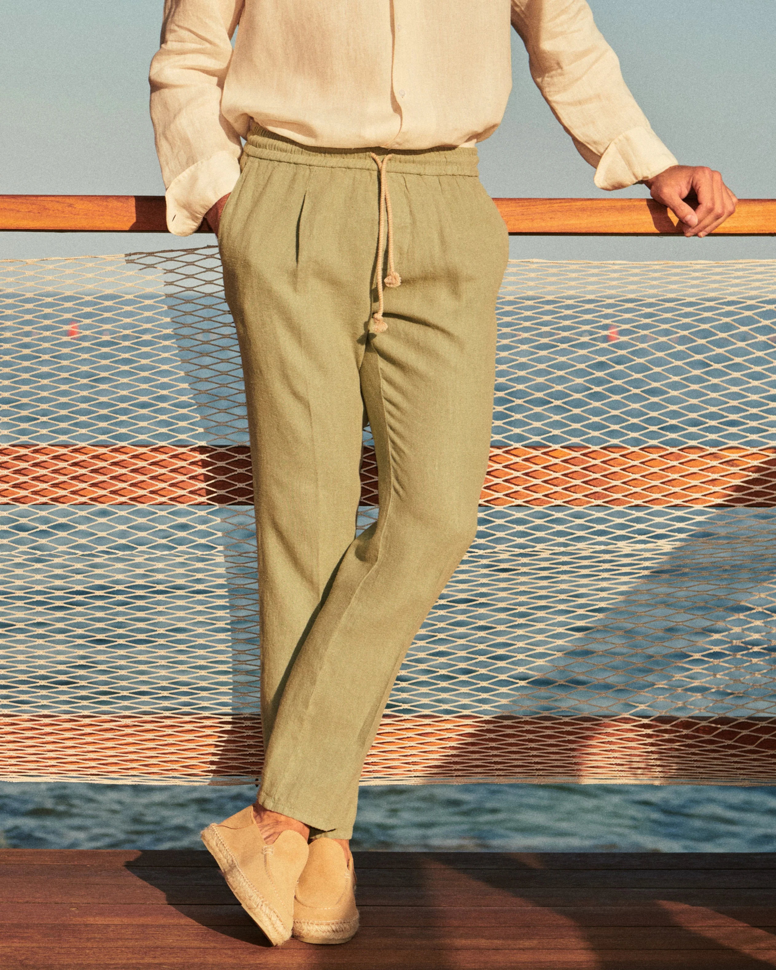 Woven Linen Santa Barbara Trousers - L27VD - Military Green - Image 5